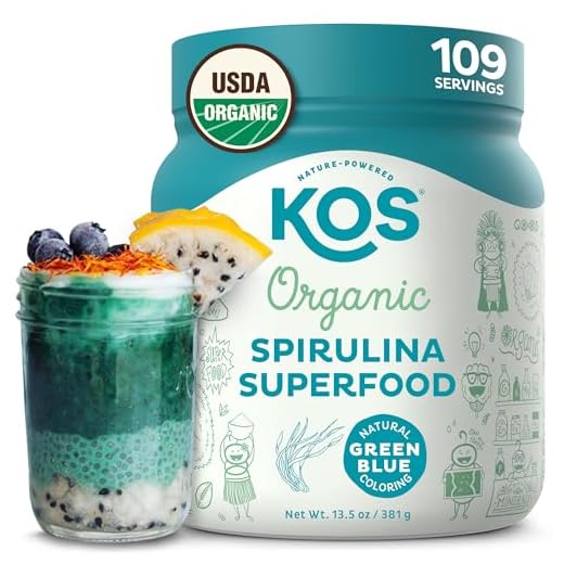 KOS USDA Organic Spirulina Powder - 100% Pure, Non-Irradiated Green Blue Spirulina Superfood Powder, Plant Based - Rich in Protein, Vitamins, Antioxidants & Fiber - Natural Taste, 13.5oz, 109 Servings