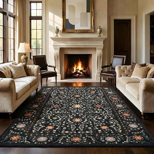 GarveeHome Boho 5x7 Area Rug for Bedroom, Floral Vintage Rugs for Living Room with Soft Low Pile, Non Slip Botanical Washable Rugs 5x7 for Dining Room Black Carpet for Entryway Dorm Office Playroom