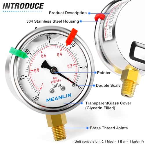 Image of MEANLIN MEASURE -30inHG~0Psi Vacuum Pressure Gauge 1 /8 inch NPT 2.5 inch FACE DIAL, Stainless Steel Liquid Filled Pressure Gauge WOG Water Oil Air Lower Mount (with 2PCS Snaps)