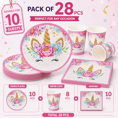 Image of Rozi Decoration Unicorn Party Supplies Set 28Pcs Plates Cups Napkins Pink