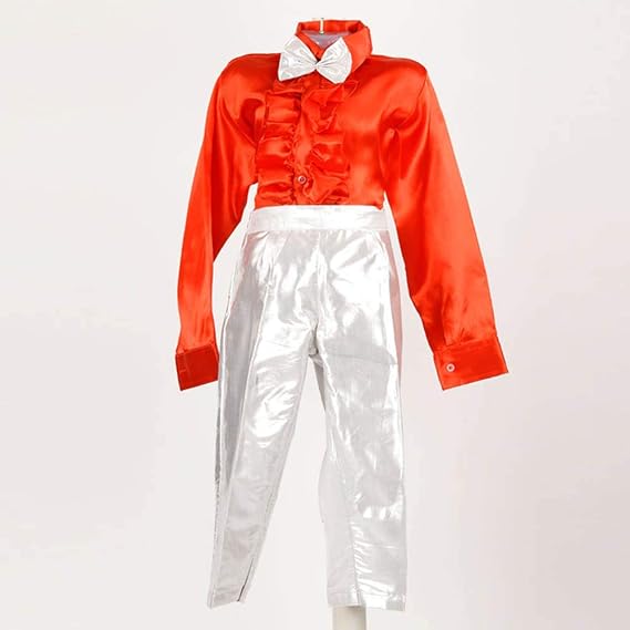 ITSMYCOSTUME Ballroom Dance Boy Silver Frill Shirt Red Pant & Bow Set Kids Fancy Dress Costume - (Material: Satin & Zari)
