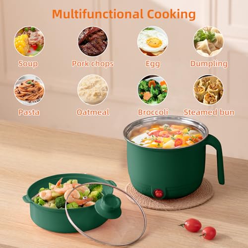 Image of Electric Cooking Pot with Steamer 1.5L | Multi-Function Mini Cooker | Non-Stick Inner | Travel Friendly Kitchen Appliance (Green, With Steamer)