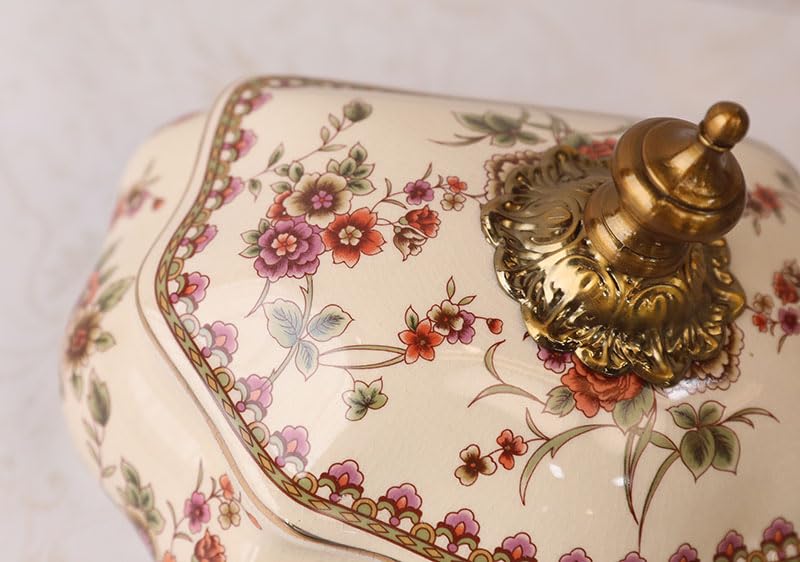 Słoik ceramiczny w stylu vintage z pokrywką ze stopu na przekąski, biżuterię i klucze, europejski pojemnik dekoracyjny kwiatowym wzorem do salonu toaletki, 22 x 18 cm