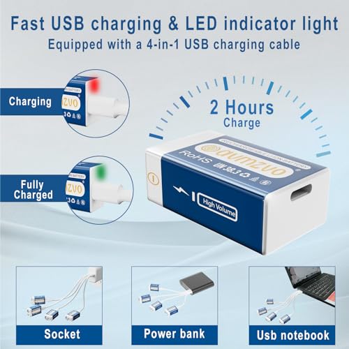 avmzvo Akumulator 9 V, akumulator blokowy do ponownego ładowania, 1350 mAh (2 sztuki) z szybkim ładowaniem USB C, wysoka wydajność, do czujników dymu, mikrofonu, zabawek, multimetru