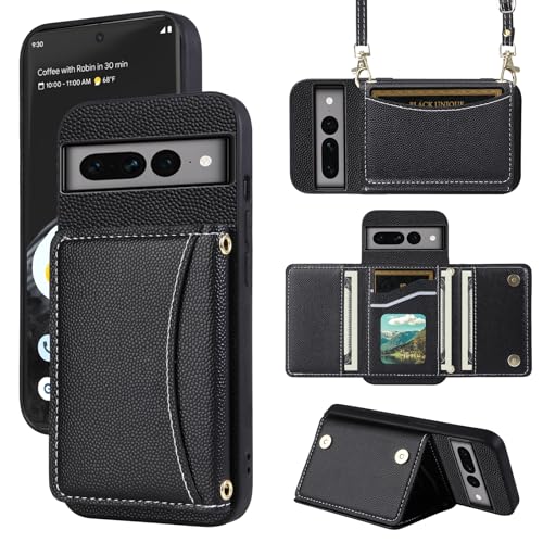Furill Phone Case for Google Pixel 7 Pro 5G Wallet Cover with Crossbody Shoulder Strap and Leather Credit Card Holder Pocket Slim Cell Accessories Pixel7Pro Pixel7 XL Seven 7Pro 6.7 Girls Black