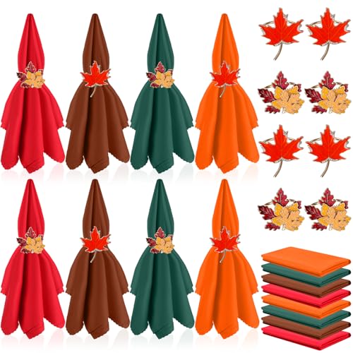 Potchen 16 Pcs Fall Thanksgiving Cloth Napkin and Maple Leaves Napkin Ring Holder Buckles with Rhinestones Set for Harvest Season Thanksgiving Autumn Party Table Decorations (4 Colors) by Potchen - Used condition - US$6.98
