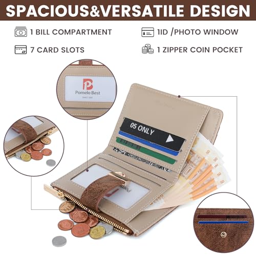 Image of Pomelo Best Wallet Women Bifold Leather Wallets for Women Credit Card Holder with ID Window Zipper Coin Pocket Deep Brown