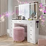 Boahaus Amelia Large Makeup Vanity Desk with Dimmable LED, 2 Bluetooth Speakers, USB Type C & Type A, 110 V Power Outlet, 11 Drawers, Crystal Knobs, Hair Dryer Holder - Premium White