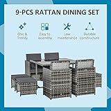 Outsunny 8 Seater Rattan Cube Garden Furniture Set, Rattan Dining Set with Cushions, Outdoor Dining Table and Chairs with 4 Armchairs, 4 Stools, Square Glass Top Table, Mixed Grey - Image 3