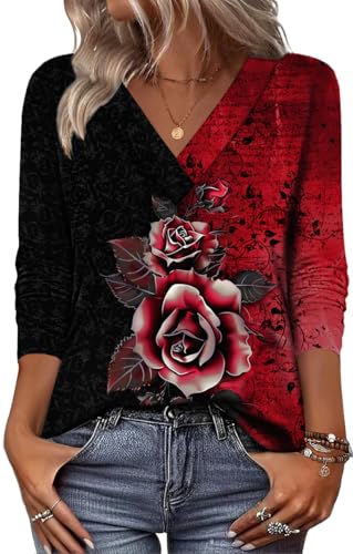 Image of Zeagoo Womens Tops Long Sleeve V Neck T Shirts 2025 Boho Floral Blouses Basic Casual Tee Tshirts
