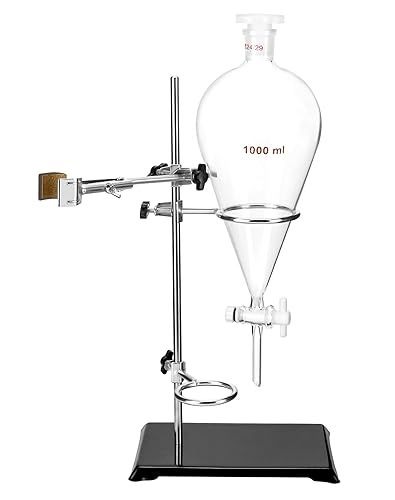 QWORK 1000ml Heavy Wall Conical Separating Funnel with 24/29 Fitting and PTFE Stopcock + Laboratory Distillation Support Rack for Titration Extraction