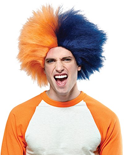 Crazy Sports Fan Wig color Orange & Navy Blue - Fun Spiky Astros Suns Broncos Knicks Waves Team Troll Style Synthetic