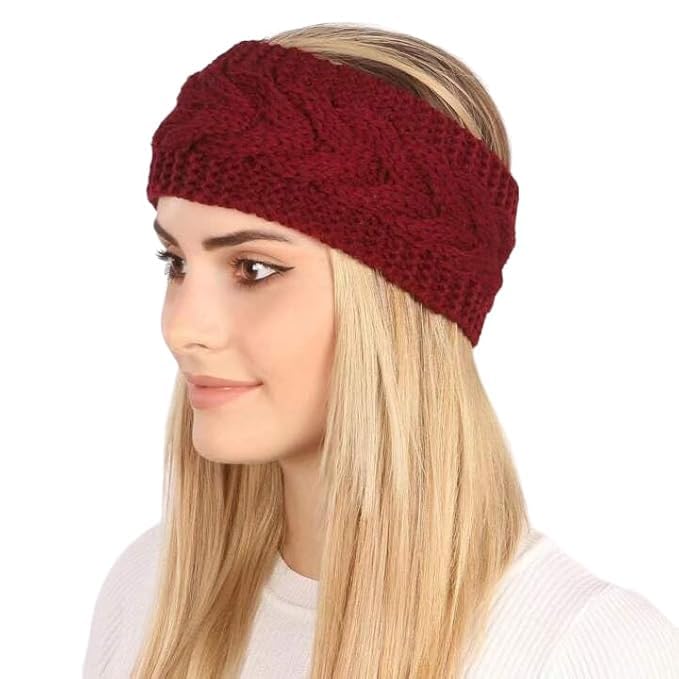 Winter Headband for Men and Women Head Wrap Soft Fleece Knitted Woolen Warm Hair Band Unisex Acrylic Skull Stretchy Earwarmer Earmuffs Hair Accessory (Red)(Pack f 1)