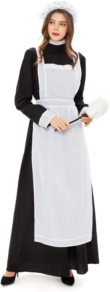 Womens Maid Cosplay Outfits Maxi Long Sleeve Apron Nurse Gown A-line Mock Neck Loose Fit Masquerade Halloween Costume