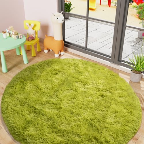 LOCHAS Luxury Round Fluffy Area Rugs for Bedroom Kids Girls Room Nursery, Super Soft Circle Rug, Cute Shaggy Carpet for Children Living Room, 5x5 Feet Green