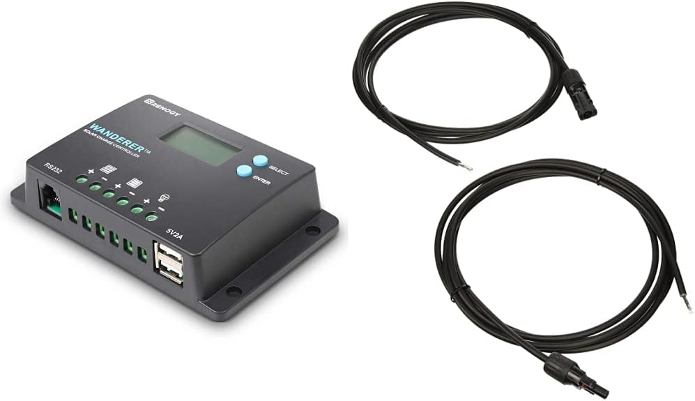 Renogy 10 Amp 12V/24V PWM Negative Ground Solar Charge Controller Compact Design w/LCD Display, Wanderer 10A & RNG-AK-10FT-12 Adaptor kit 10ft. 12 AWG Solar Cable PV