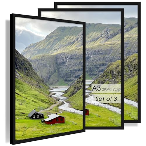 QPQIYIY Bilderrahmen A3 (29 7x42 cm) 3er set Schwarz Bilderrahmen Hergestellt aus Holzwerkstoff Rahmen A3 ideal für Fotos Bilder Poster
