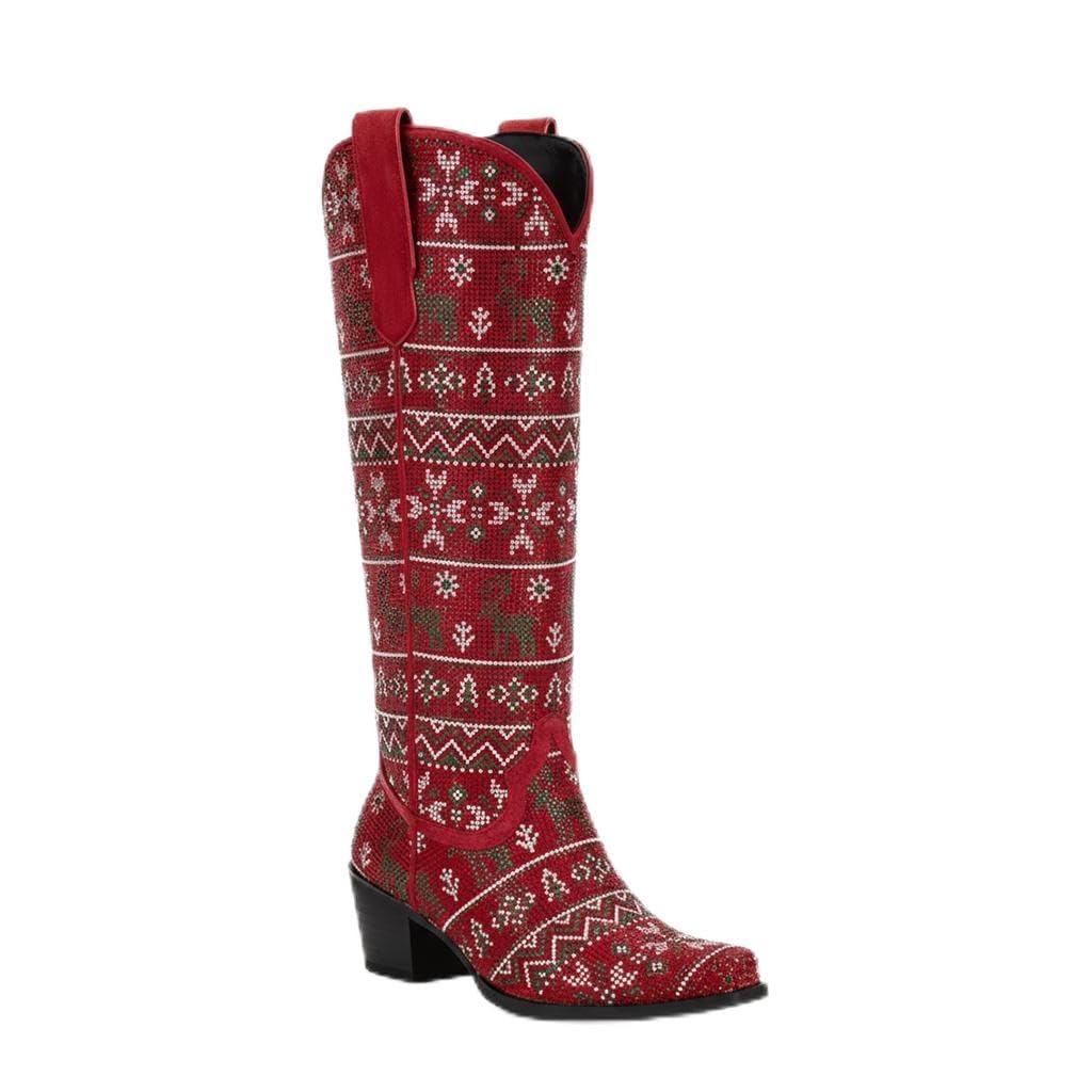 VARECOLA Womens Knee-High Fashion Boots - Comfortable Slip-On Suede with Rhinestone Detail for Parties and Performances
