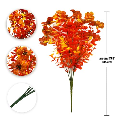 Satefello Artificial Fall Flowers for Outdoors, 10 Bundles Artificial Plants UV Resistant Fall Fake Plants for Outside Halloween Christmas Porch Decoration Fall Decor(Orange(Eucalyptus)) - image 2