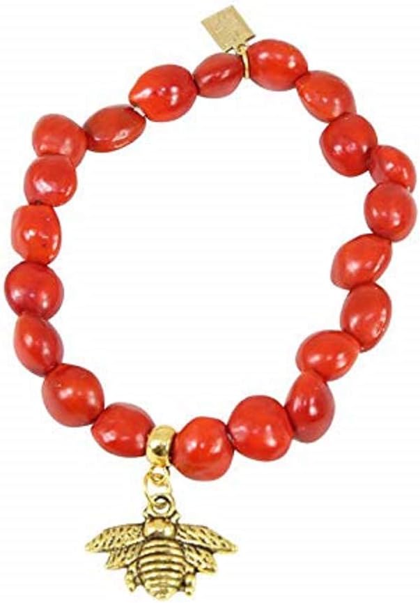 EVELYN BROOKS Gold Queen Bee Charm Stretchy, Adjustable & Easy to Wear Bracelet for Women - Symbol of Dignity & Wealth (6.5” - 7.5”) w/Meaningful Peruvian Huayruro Seed Beads