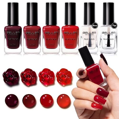 GELLEN Dark Red Nail Polish & Base Top Coat, Deep Burgundy Cherry Wine Blood Red 4 Colors Set, Quick Air Dry Regular Nail Polish for Women Gifts Home Salon Nails, Not UV Gel, Hema Free, Non-toxic