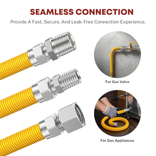 48\" Flex Gas Line Connector Kit, Dryer Gas Line Hose with Connectors 1/2\" MIP 1/2\"FIP 3/4\"MIP 3/4\" FIP Fitting, 5/8\" OD(1/2\" ID) Stainless Steel Gas Line for Stove, Water Heater