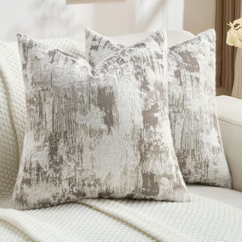 Image of FUTEI Set of 2 Faux Cashmere Jacquard 60cm x 60cm Cushion Covers Vintage Soft Marble Pattern Scatter Pillow Covers 60 x 60 cm Farmhouse Accent Cushions for Sofa Bedroom Living Room, Taupe White