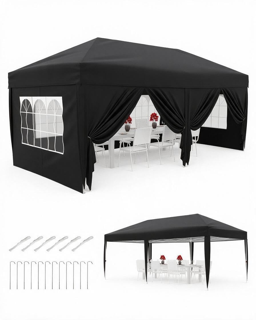 Faltpavillon 3 x 6 m 150D Oxford Mit 6 Seitenwänden Schwarz 3,2 m