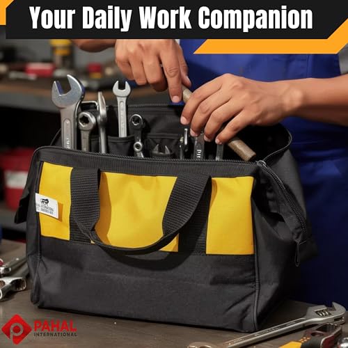 Image of PAHAL APACHE 12 Inch Tool Bag - Multipurpose Nylon Water-Resistant Tool Storage Organizer for Electricians, Plumbers, Technicians & Mechanics, Durable Portable Tool Carry Bag, Yellow Black