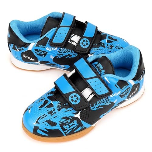 Linkidea Kids Laceless Indoor Soccer Shoes, Rubber Outsole Anti-Slip Sneaker, Futsal Training Cleats for Boys and Girls (Blue)3