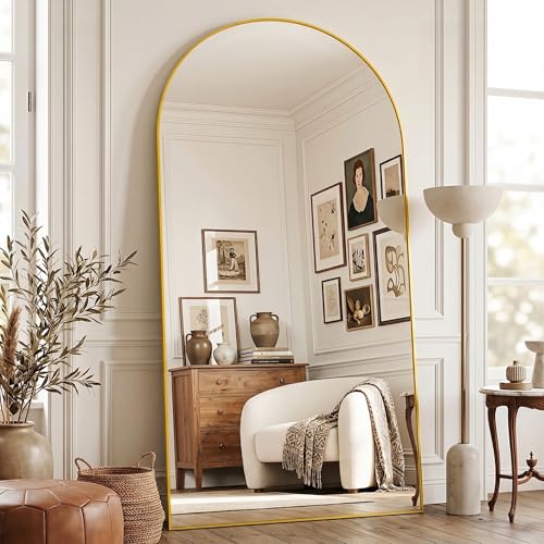 Image of Full Length Mirror, 41 inchx81 inch Arched Floor Mirror Freestanding, Floor Standing Full Body Mirror with Stand for Bedroom, Hanging Mounted for Living Room Cloakroom, Gold