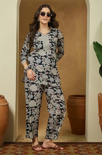 Image of Janasya Women's Black Pure Cotton Floral Printed Straight Co-ord Set