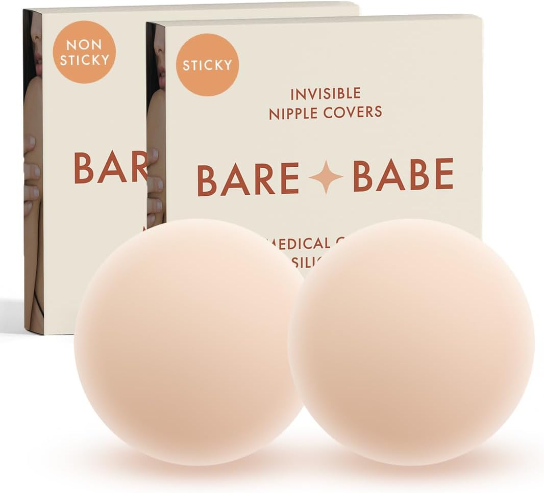 Bare Babe X-Large Nipple Covers Bundle | 1 Adhesive Pair, 1 Non Adhesive Pair | Reusable Nipple Pasties Bundle | Creme