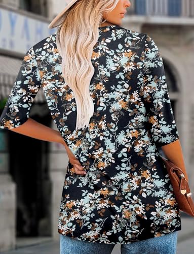 KISSMODA Tunic Tops for Women Loose Fit Dressy Round Neck Pleated 3/4 Length Sleeve Spring Tops
