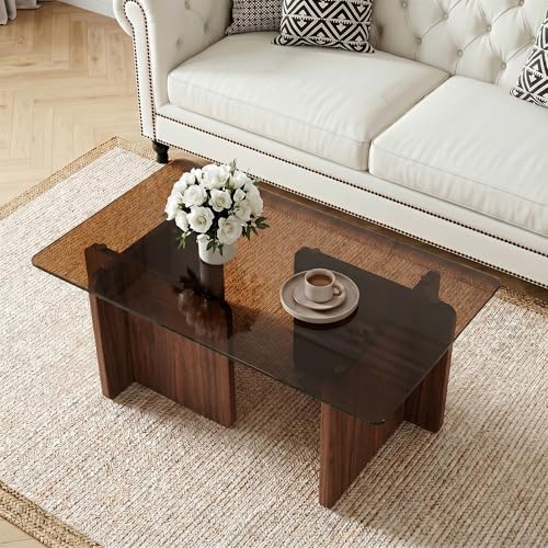 Zelurelle Modern Glass Coffee Table 39.4 Inches Rectangular Center Table