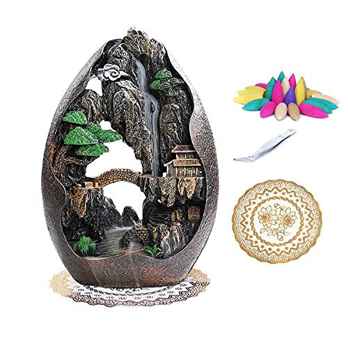 Poitemsic Backflow Incense Burner Mountain Waterfall Incense Holder Set,50 Incense Cones+ Clip + Mat Meditation Yoga Studio Living Room Decoration #TOP11