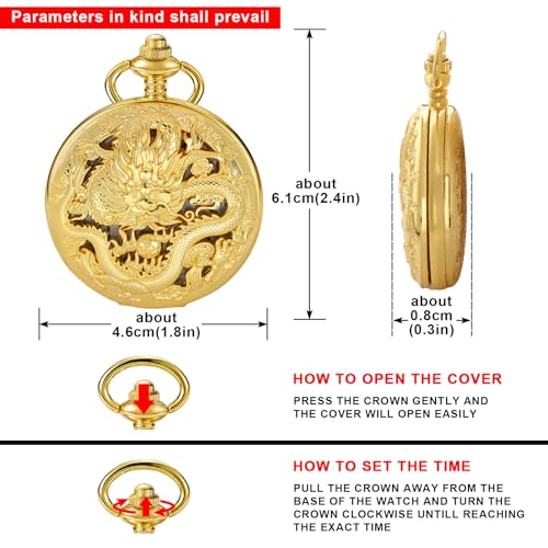 Image of Dragon Design Quartz Pocket Watch Roman Numerals with Chain Birthdays Gifts for Father's Days