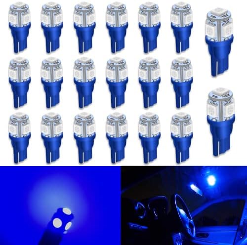 Qoope 20-Pack 194 LED Bulb Blue, Wedge T10 168 2825 W5W Replacement Bulbs 5050 5SMD for Car Interior Instrument Dome Map Door Courtesy License Plate Lights 12V DC