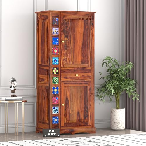 Image of Sheesham Wood Wardrobe for Bedroom - Already Assembled Solid Wood Almirah with Doors & Drawer Storage | Wooden Cupboard for Clothes, Multi-Utility Wardrobe Furniture for Home | Honey Finish