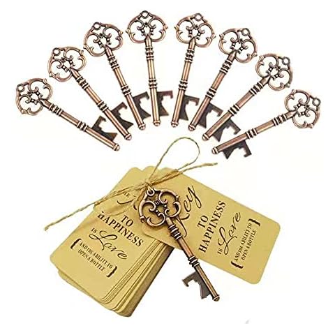 Aotoer 50Pcs Key Bottle Openers, Vintage Skeleton Key Bottle Opener Wedding Favor with Tag and Twine, Rustic Wedding Party Favor Souvenir Gift for Guest, Antique Copper Cover