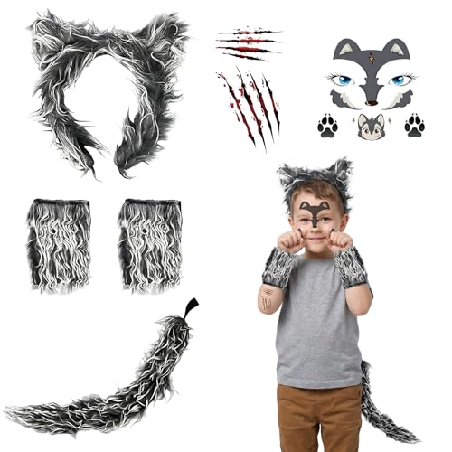 Zouonou Juego de disfraz de lobo de 6 piezas   orejas de lobo furry, guantes, cola, pegatinas de máscara y tatuajes temporales, juego completo para niños y adultos, accesorio de disfraz de hombre lobo