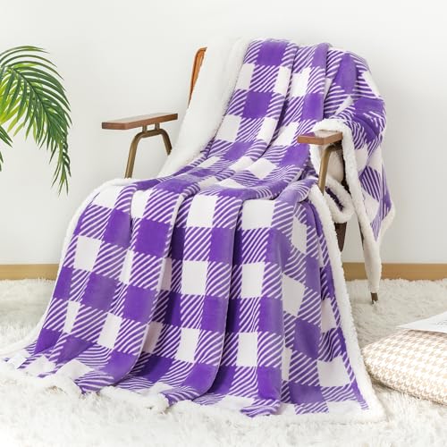 Touchat Sherpa Plaid Twin Blanket 60" X 70", Fuzzy Fluffy Soft Cozy Throw Blanket, Twin Size Plush Fleece Flannel Plush Microfiber Blanket for Couch Bed Sofa (PurpleWhite)
