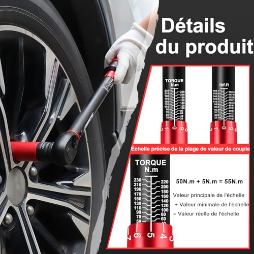 ATsafepro Clé Dynamométrique 1/2'', 20-230 Nm Clé Dynamométrique Kit 7 Pièces avec 3 Douilles (17mm, 19mm, 21mm), Adaptateur 1/2"-3/8", Barre d'Extension 125 mm, Précision ±3% – vue 4