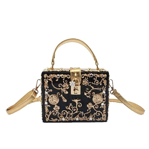 Tngan Women Evening Clutch Acrylic Square Box With Rhinestones Shoulder Crossbody Handbag - Black