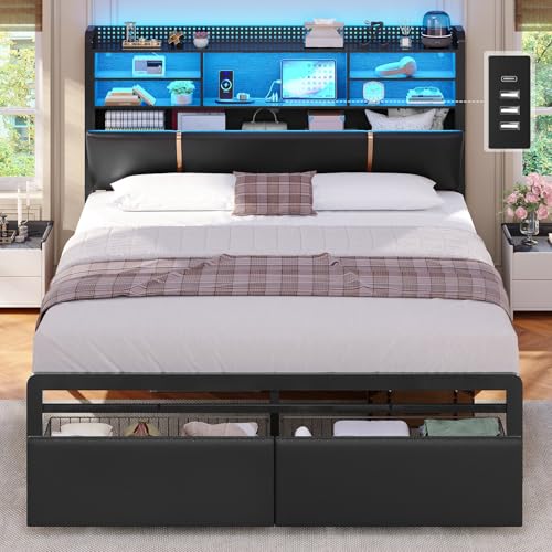KIMENICH Letto 140 x 190 cm, Struttura Letto in Metallo con illuminazione a LED, Testiera con Stazione di Ricarica, Vano Portaoggetti, Telaio Lettos con 2 Cassetti, Nero