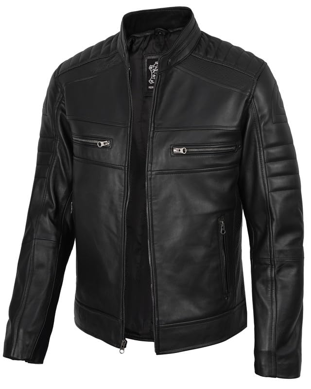 Image of Decrum Cafe Racer Leather Jacket for Men - Real Lambskin Motorcycle Style Mens Jacket with Zipper Closure
