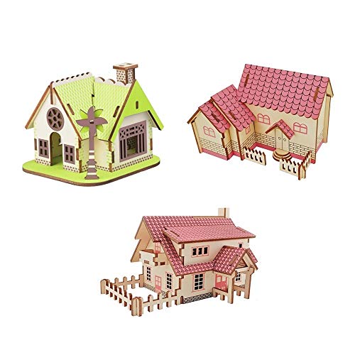 HBBOOI 3 Pieces Child Wooden Puzzle Stereoscopic 3D Brain Building Blocks Simulation Toy Model Puzzle Assemble Blocks 2-8 Years Old Kid Toy (Color : Cabin)