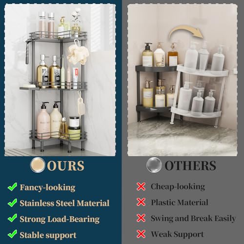 Image of Consumest Corner Shower Caddy Standing - 3-Tier Stainless Steel Shower Organizer with Soap Holder and 4 Hooks, Large Capacity Corner Shelf Stand for Bathroom, Rest Room, Grey