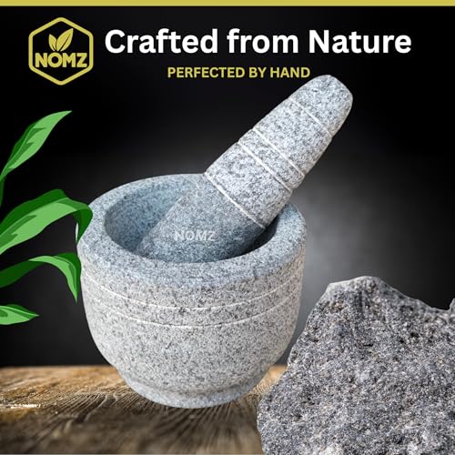 Image of NOMZ Mortar and Pestle Set for Kitchen - Natural Stone Grinder (Khalbatta) with Anti-Scratch Pad & Silicone Spatula - 1.5 Cup, 5.5 Inch Diameter