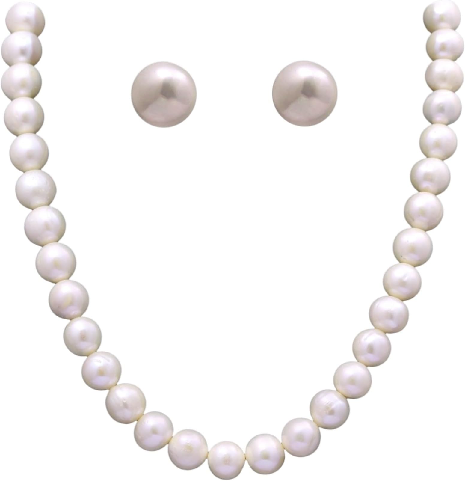 D.D Pearls Original single layer Fresh Water Pearl Necklace Set|10 MM Round White Pearl Set|10 MM Big Earrings Studs|nice gift for Women and Girls| Brand Certificate of Authenticity